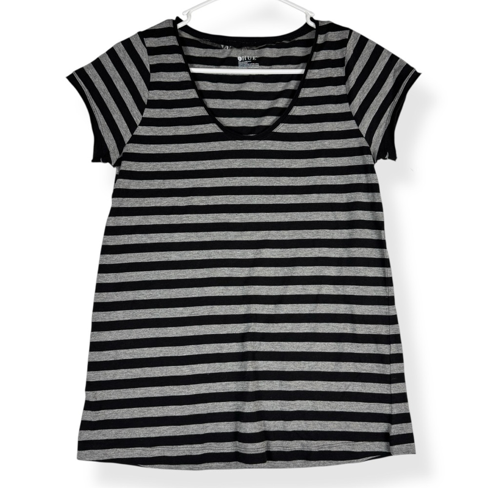 HUE Pajama Top Womens S Small Short Sleeve Scoop Neck Gray Black Striped NEW